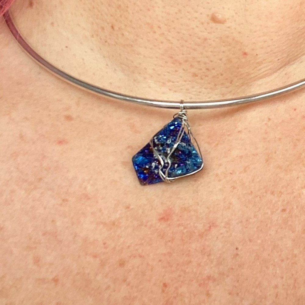 Gorgeous Blue Iridescent Agate Pendant Wire Wrapped by Hand
